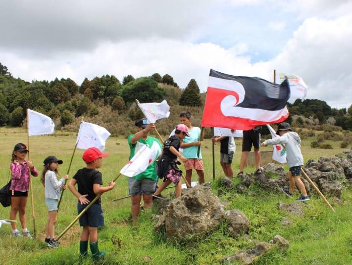 Maori children holding flags and playing on rocks in green field